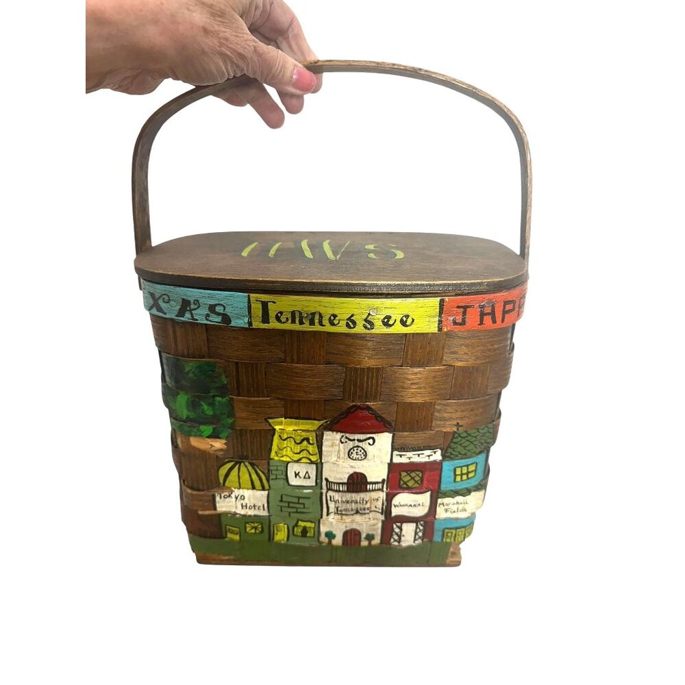 1970s Caro Nan basket purse with handpainted buildings from Univ of Tennessee